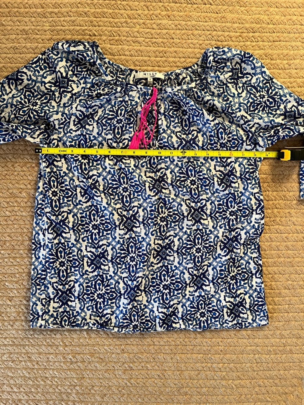 Milly Blue and White Printed Peasant Blouse with Pink Tassel - Picture 10 of 15
